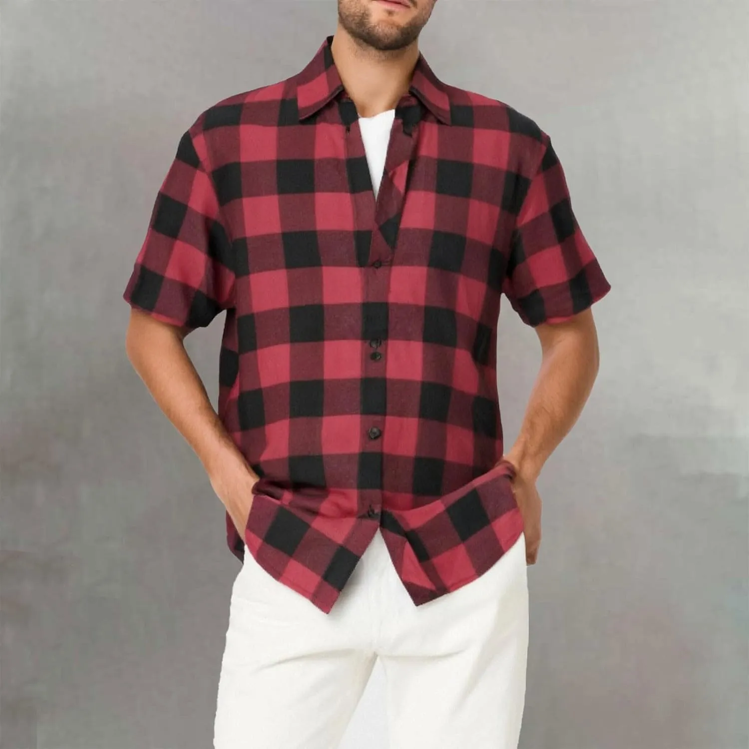 Mens Casual Checked Plaid Button Down T-Shirt Fashion Short Sleeve Work Travel Tops Lightweight Cotton Running Tops