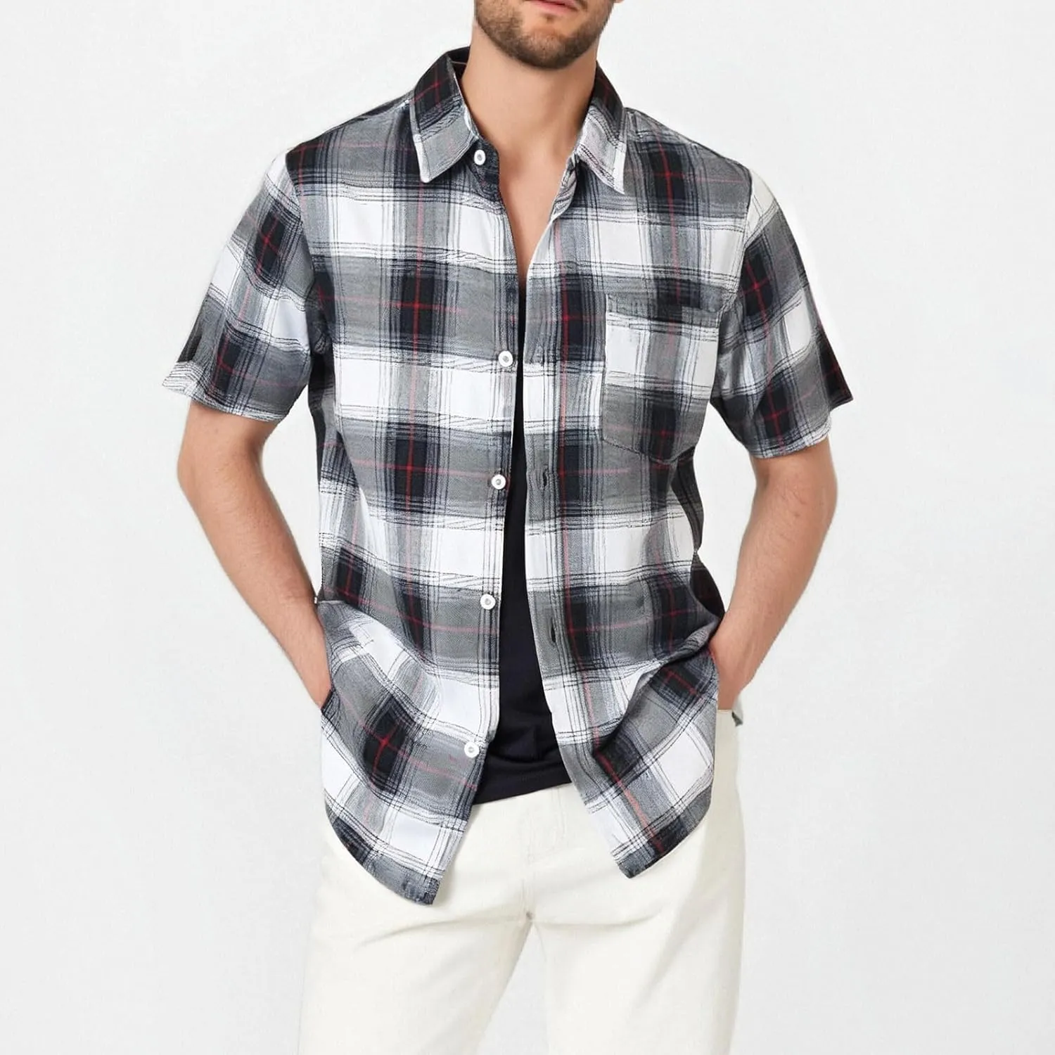 Mens Casual Checked Plaid Button Down T-Shirt Fashion Short Sleeve Work Travel Tops Lightweight Cotton Running Tops