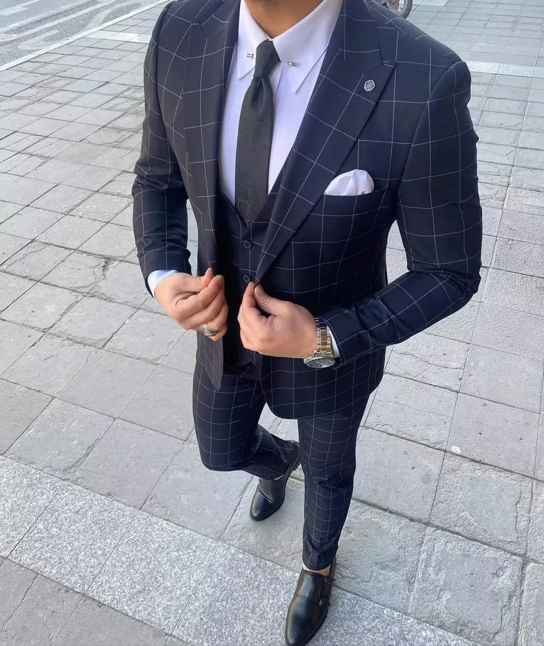 Mens Suit Plaid Slim Fit 3 Pieces Checked Casual Tuxedo Suits for Men Wedding Business Party Blazer Vest Pants Set
