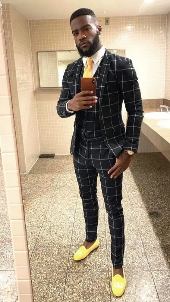 Mens Suit Plaid Slim Fit 3 Pieces Checked Casual Tuxedo Suits for Men Wedding Business Party Blazer Vest Pants Set