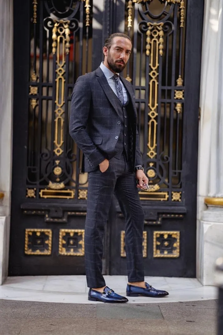 Mens Suit Plaid Slim Fit 3 Pieces Checked Casual Tuxedo Suits for Men Wedding Business Party Blazer Vest Pants Set
