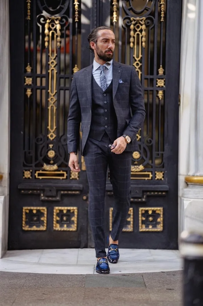 Mens Suit Plaid Slim Fit 3 Pieces Checked Casual Tuxedo Suits for Men Wedding Business Party Blazer Vest Pants Set