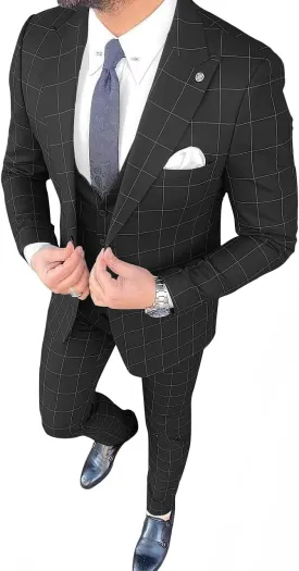 Mens Suit Plaid Slim Fit 3 Pieces Checked Casual Tuxedo Suits for Men Wedding Business Party Blazer Vest Pants Set