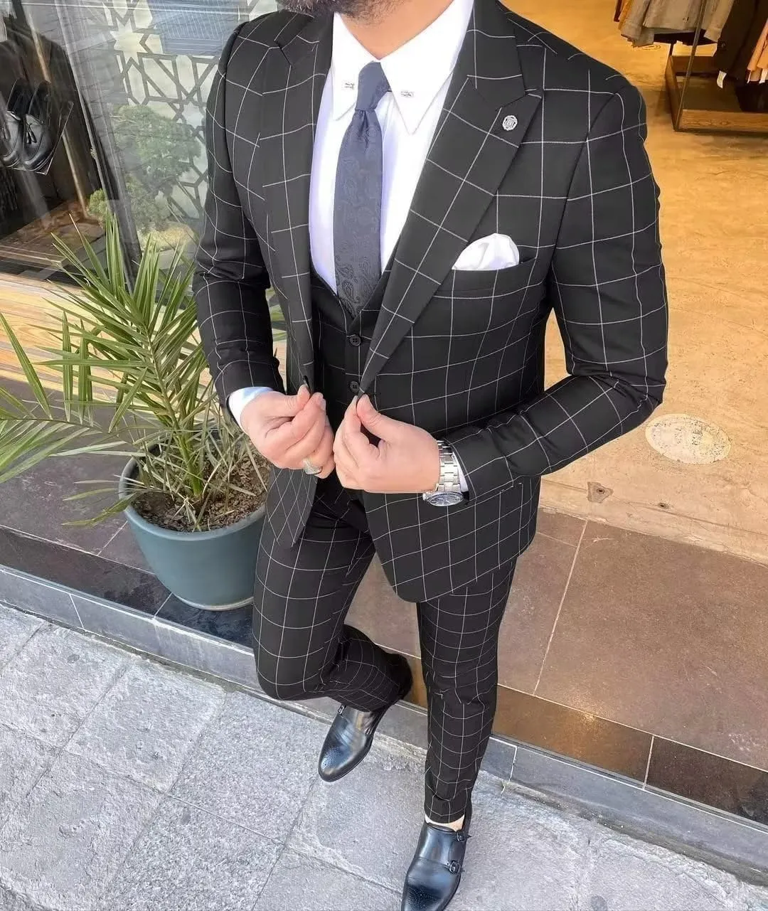 Mens Suit Plaid Slim Fit 3 Pieces Checked Casual Tuxedo Suits for Men Wedding Business Party Blazer Vest Pants Set