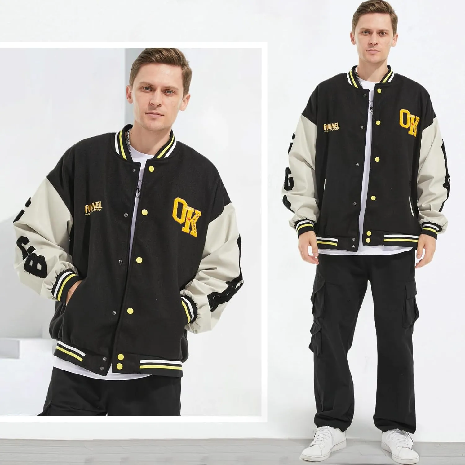 Mens Varsity Jacket Baseball Bomber Jacket Vintage Unisex Streetwear Coats with Patchwork Hipster Utility Tops