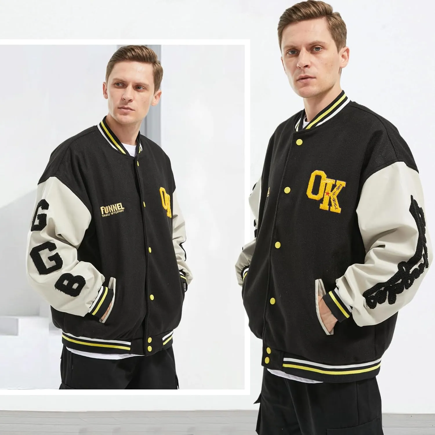 Mens Varsity Jacket Baseball Bomber Jacket Vintage Unisex Streetwear Coats with Patchwork Hipster Utility Tops