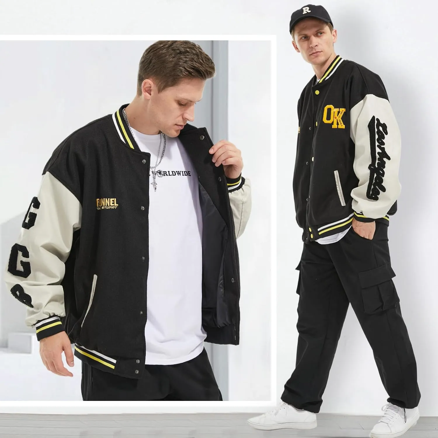 Mens Varsity Jacket Baseball Bomber Jacket Vintage Unisex Streetwear Coats with Patchwork Hipster Utility Tops