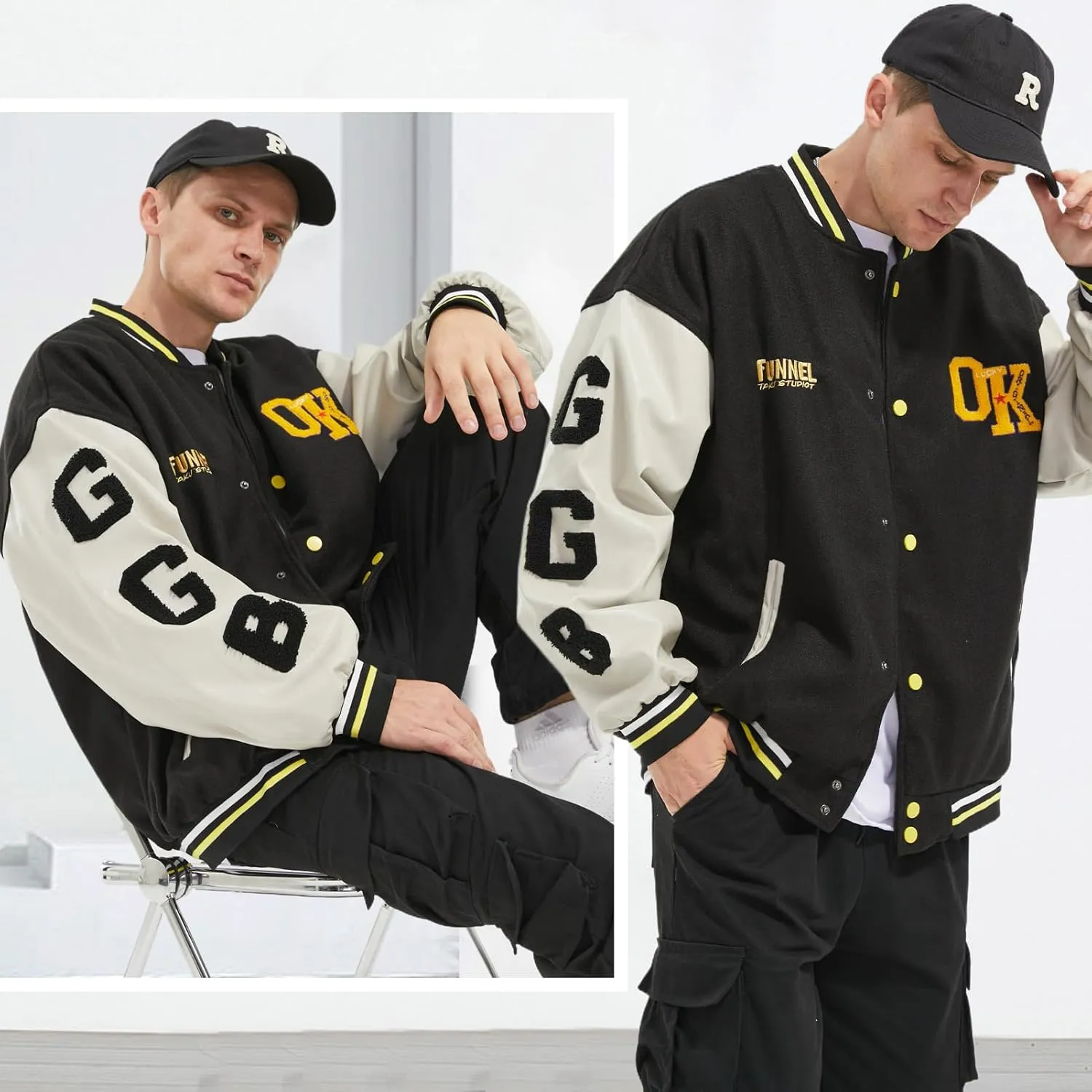 Mens Varsity Jacket Baseball Bomber Jacket Vintage Unisex Streetwear Coats with Patchwork Hipster Utility Tops