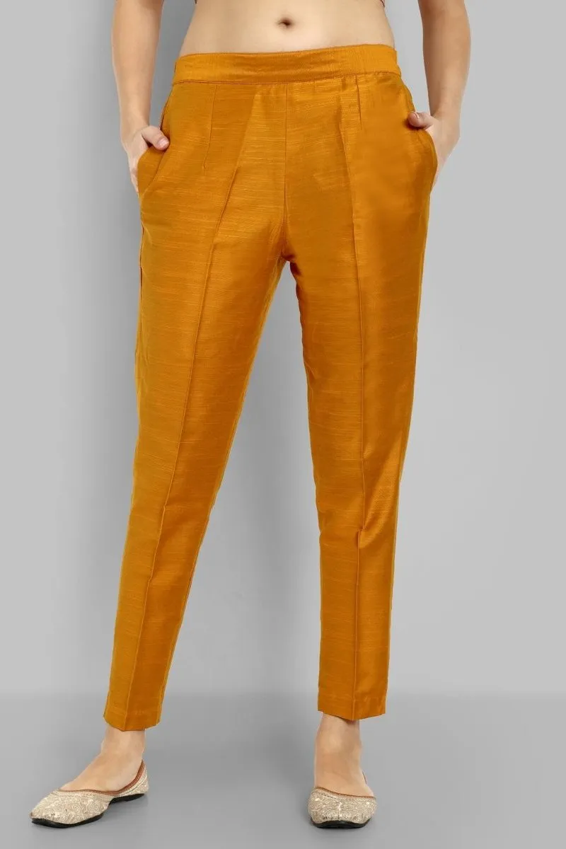 Mustard Cotton silk kurta with Elasticated pant - Set of 2
