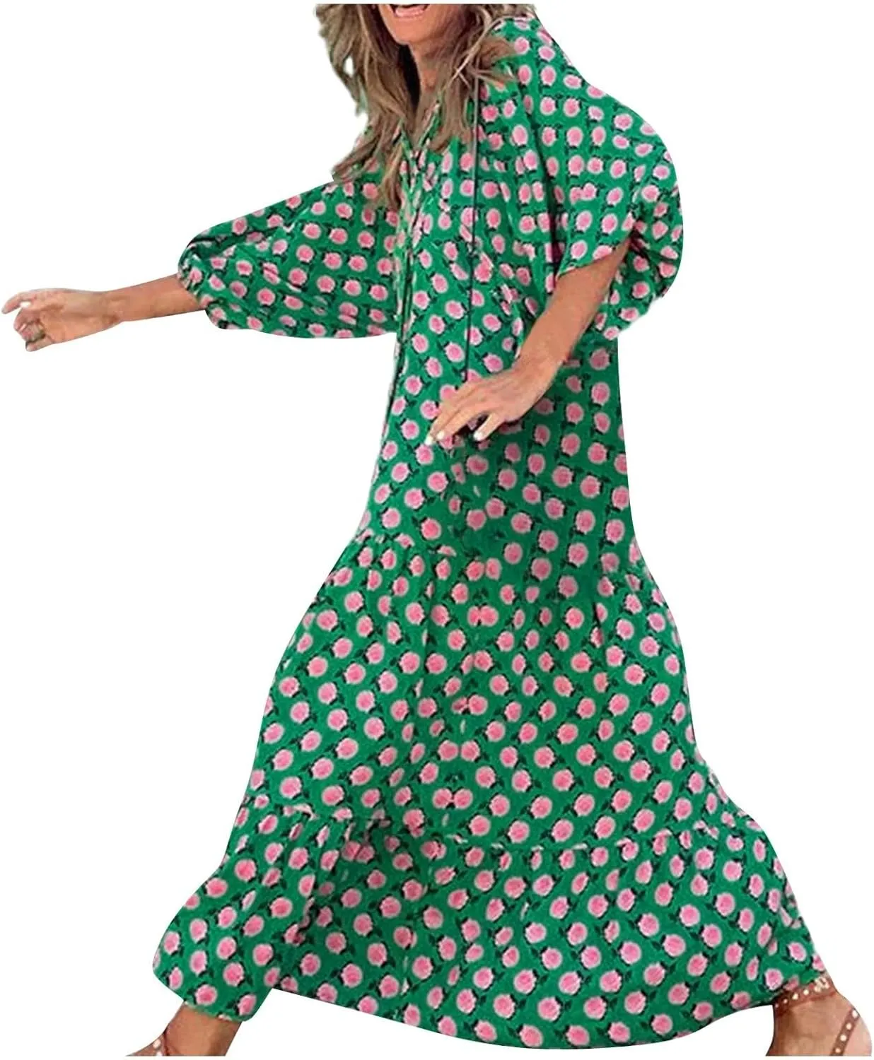 NBXNZWF Boho Maxi Dresses for Women Casual Loose Long Sleeve Flowy Beach Dress Puff Sleeve V Neck Pleated Vacation Dresses