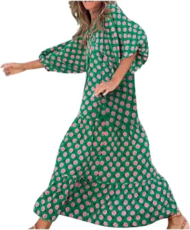 NBXNZWF Boho Maxi Dresses for Women Casual Loose Long Sleeve Flowy Beach Dress Puff Sleeve V Neck Pleated Vacation Dresses