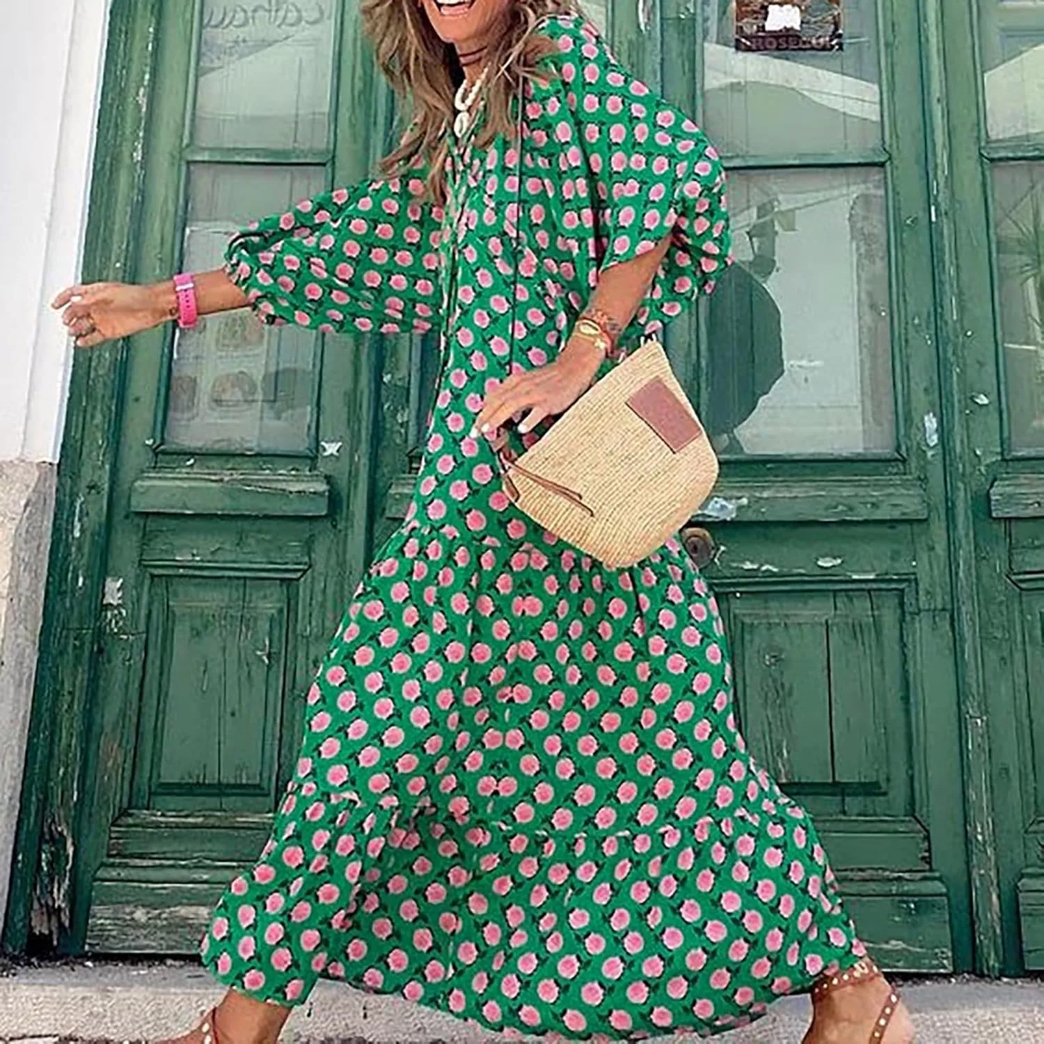 NBXNZWF Boho Maxi Dresses for Women Casual Loose Long Sleeve Flowy Beach Dress Puff Sleeve V Neck Pleated Vacation Dresses