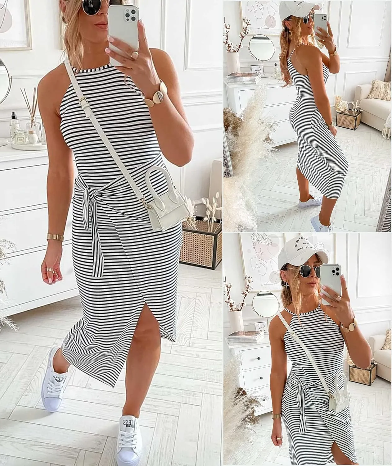 NOLLSOM Women Casual Sleeveless Striped Tank Midi Dresses Halter Neck Ruched Bodycon Dresses Tie Waist T Shirt Summer Dress