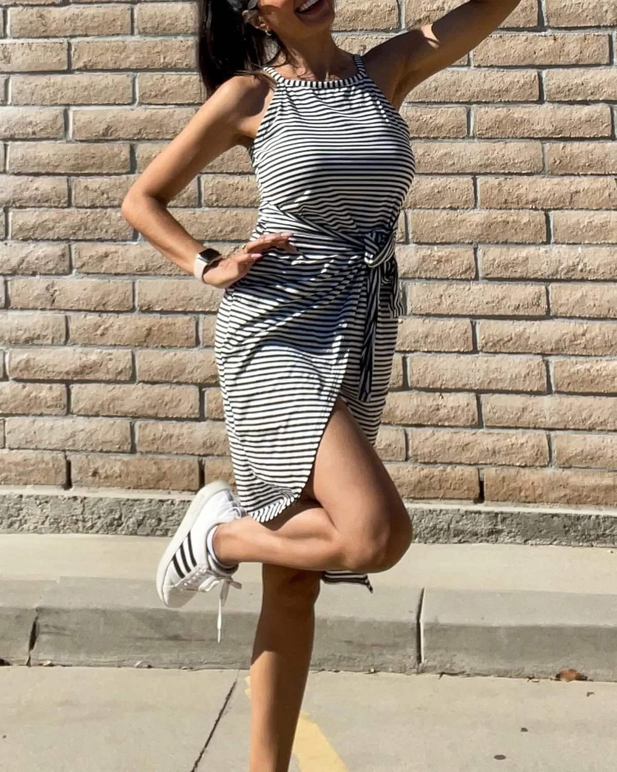 NOLLSOM Women Casual Sleeveless Striped Tank Midi Dresses Halter Neck Ruched Bodycon Dresses Tie Waist T Shirt Summer Dress