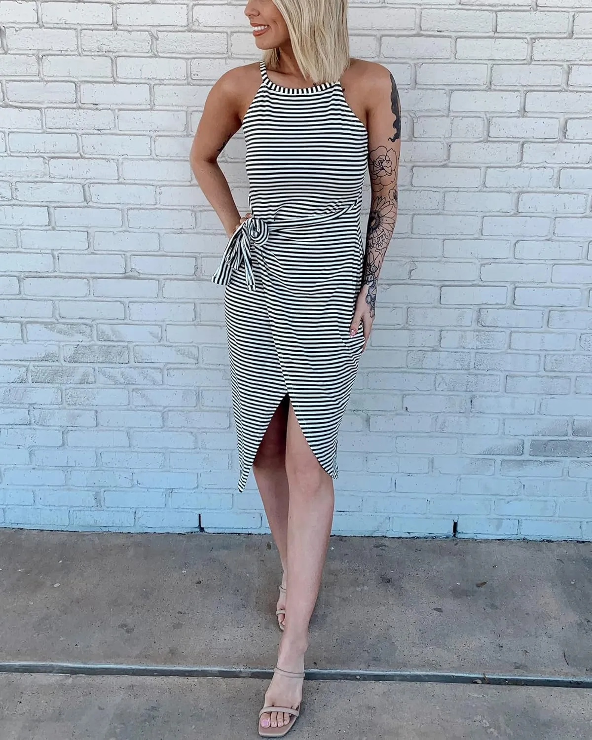 NOLLSOM Women Casual Sleeveless Striped Tank Midi Dresses Halter Neck Ruched Bodycon Dresses Tie Waist T Shirt Summer Dress
