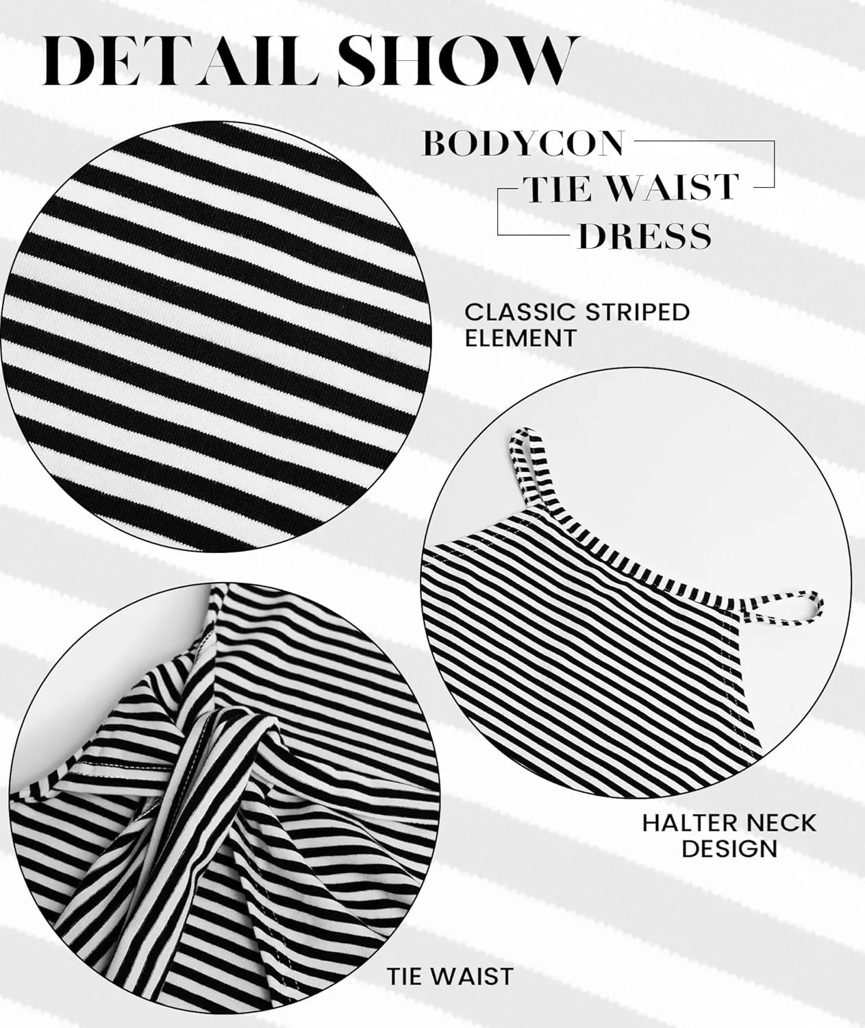 NOLLSOM Women Casual Sleeveless Striped Tank Midi Dresses Halter Neck Ruched Bodycon Dresses Tie Waist T Shirt Summer Dress