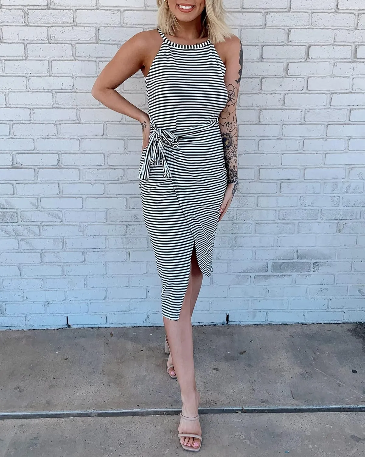 NOLLSOM Women Casual Sleeveless Striped Tank Midi Dresses Halter Neck Ruched Bodycon Dresses Tie Waist T Shirt Summer Dress