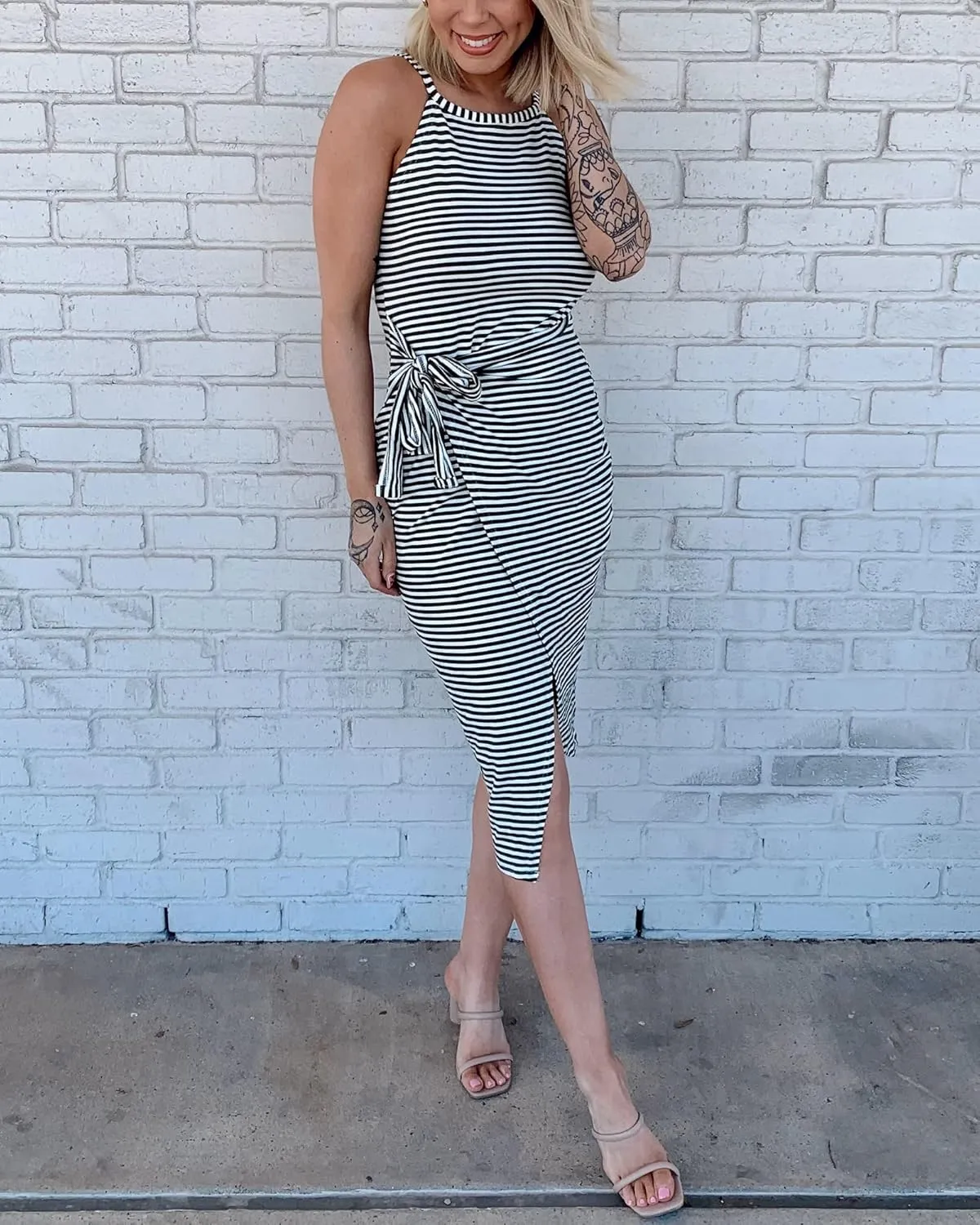 NOLLSOM Women Casual Sleeveless Striped Tank Midi Dresses Halter Neck Ruched Bodycon Dresses Tie Waist T Shirt Summer Dress