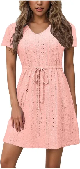 Oplxuo Women Short Sleeve Eyelet Embroidery Mini Dress V-Neck Drawstring Waist Summer Casual Sundress Vacation Beach Dresses