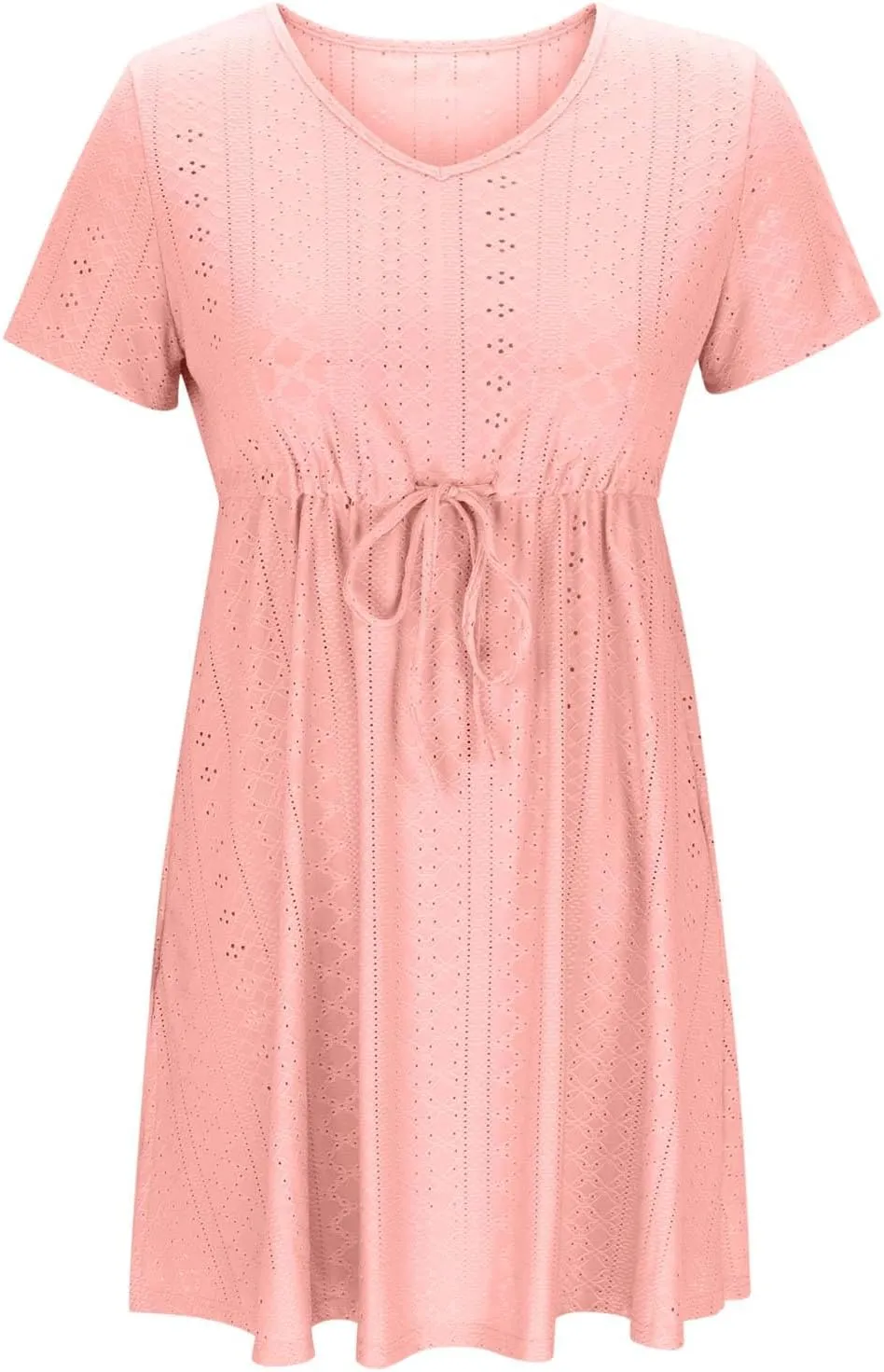 Oplxuo Women Short Sleeve Eyelet Embroidery Mini Dress V-Neck Drawstring Waist Summer Casual Sundress Vacation Beach Dresses
