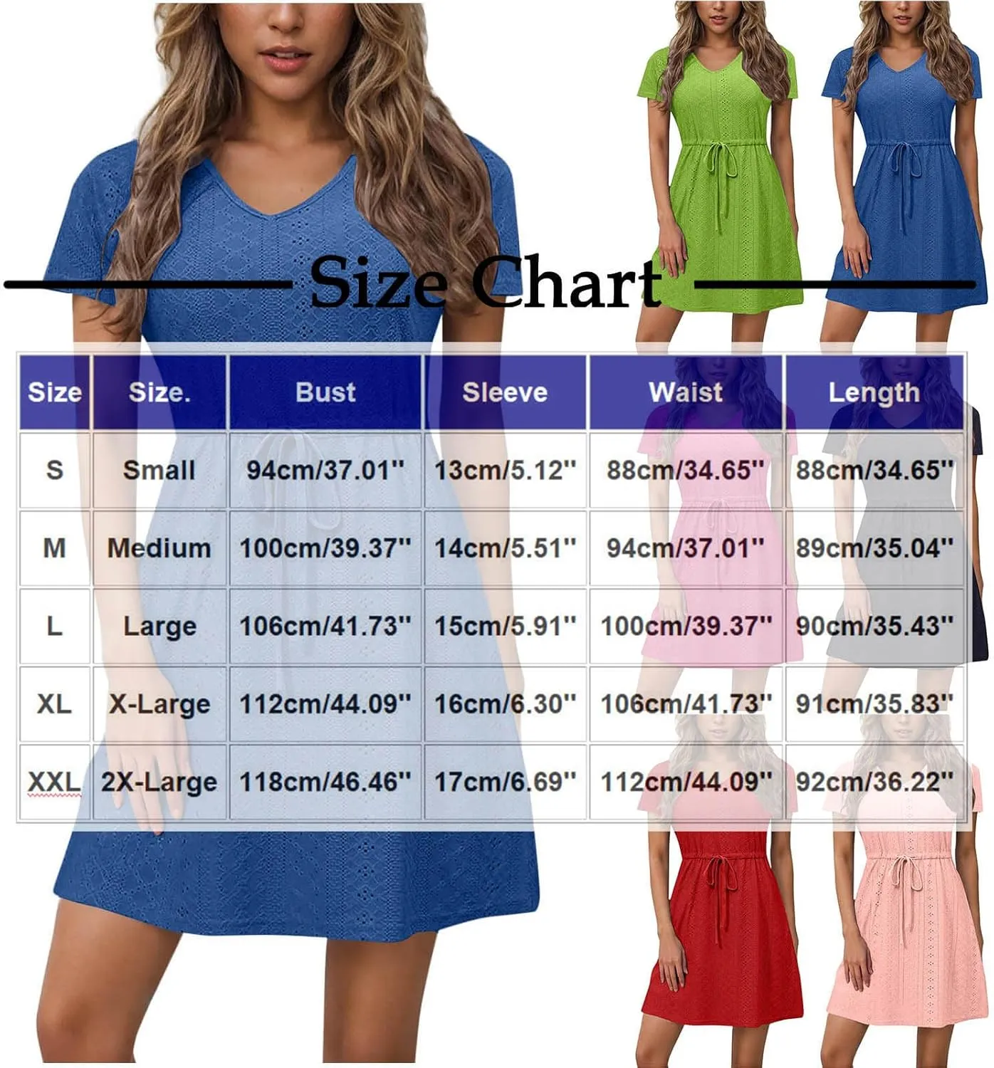 Oplxuo Women Short Sleeve Eyelet Embroidery Mini Dress V-Neck Drawstring Waist Summer Casual Sundress Vacation Beach Dresses