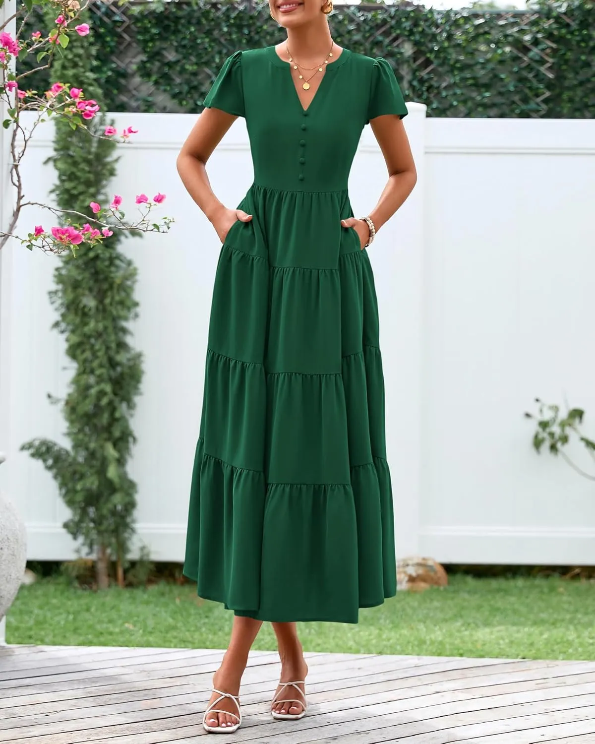 PRETTYGARDEN Women Summer Midi Dresses 2025 Casual Short Sleeve V Neck Belted Tiered Ruffle Vacation Dress with Pockets