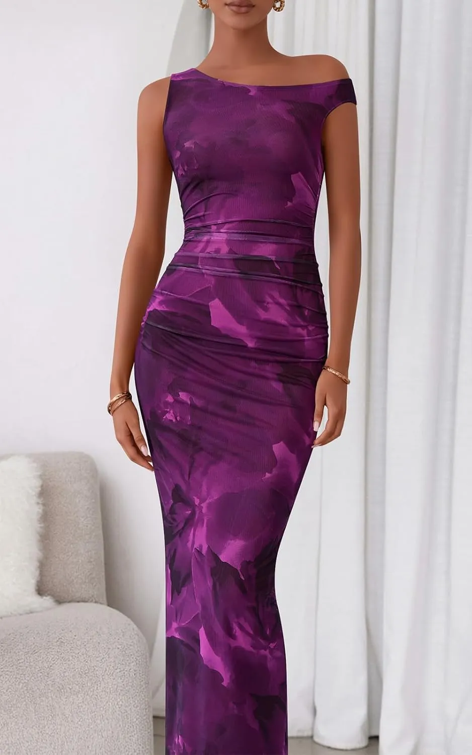 PRETTYGARDEN Women's 2025 Summer Floral One Shoulder Maxi Dress Wedding Guest Ruched Mesh Bodycon Long Cocktail Dresses