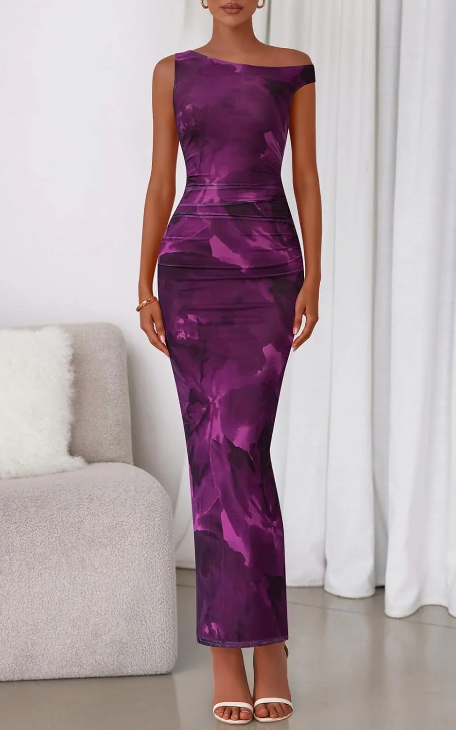 PRETTYGARDEN Women's 2025 Summer Floral One Shoulder Maxi Dress Wedding Guest Ruched Mesh Bodycon Long Cocktail Dresses