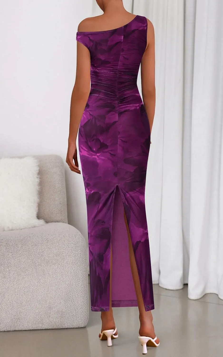 PRETTYGARDEN Women's 2025 Summer Floral One Shoulder Maxi Dress Wedding Guest Ruched Mesh Bodycon Long Cocktail Dresses