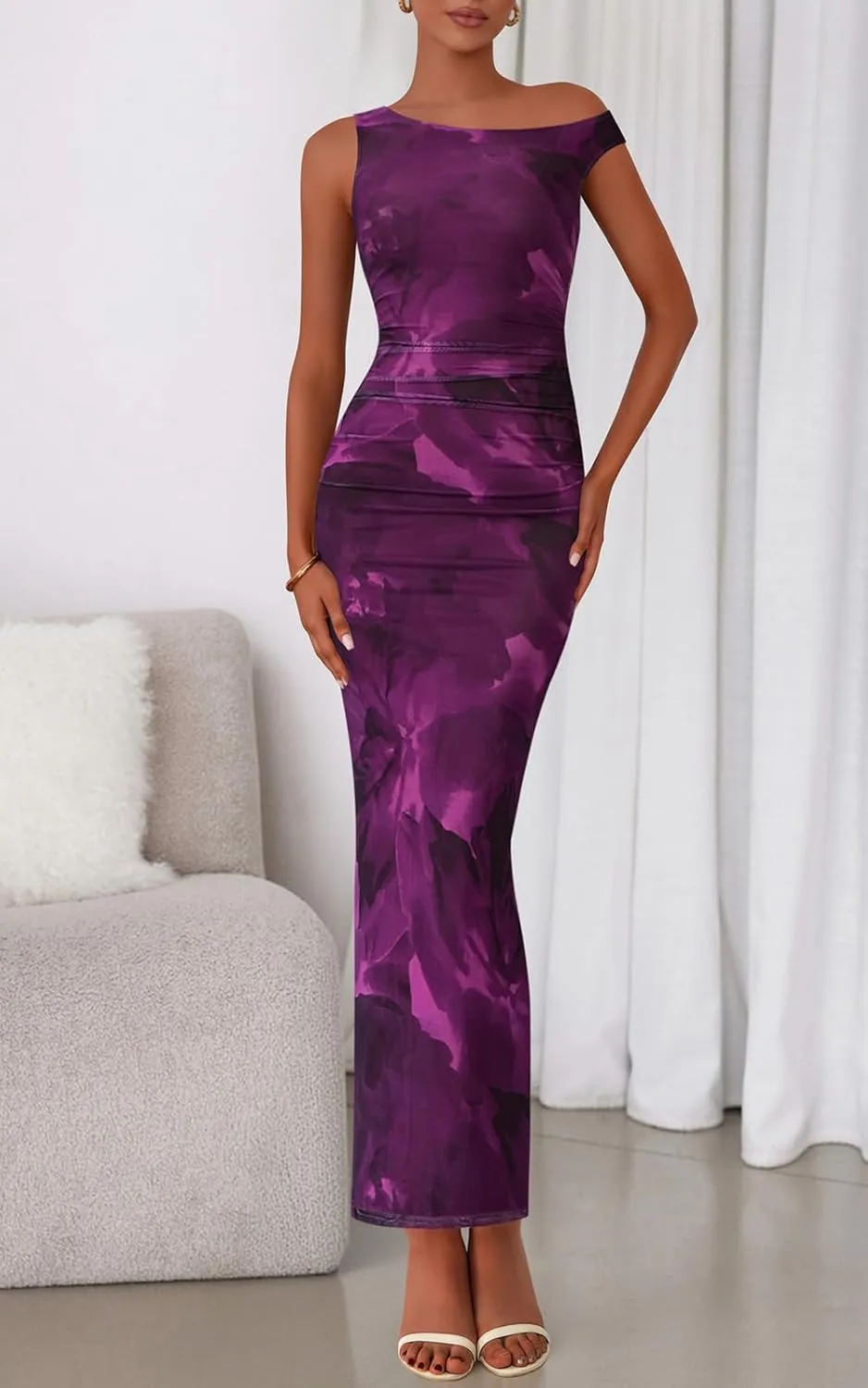 PRETTYGARDEN Women's 2025 Summer Floral One Shoulder Maxi Dress Wedding Guest Ruched Mesh Bodycon Long Cocktail Dresses
