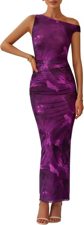 PRETTYGARDEN Women's 2025 Summer Floral One Shoulder Maxi Dress Wedding Guest Ruched Mesh Bodycon Long Cocktail Dresses