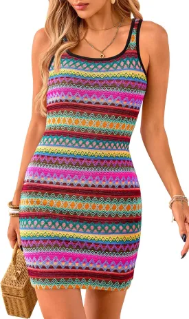 PRETTYGARDEN Womens 2025 Summer Mini Dresses Square Neck Sleeveless Tank Bodycon Striped Boho Sundress Beach Vacation Clothes