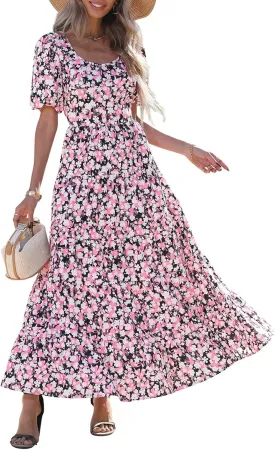 PRETTYGARDEN Womens Dresses 2025 Puff Sleeve Floral Casual Summer Dress Smocked Back Beach Flowy Tiered Maxi Sundress