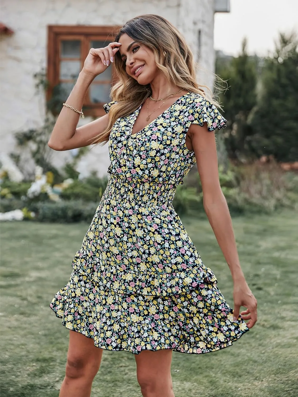 PRETTYGARDEN Womens Summer Dresses Boho V Neck Floral Print Ruffle Sleeve Layered Mini Dress Cute Smocked Waist Short Dress
