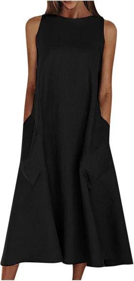 Rvidbe Women Summer Casual Cotton Linen Sleeveless Maxi Dress Crew Neck Vacation Beach Flowy Long Tank Sundress with Pockets