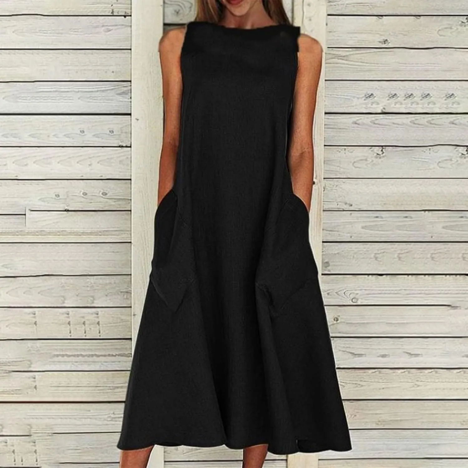 Rvidbe Women Summer Casual Cotton Linen Sleeveless Maxi Dress Crew Neck Vacation Beach Flowy Long Tank Sundress with Pockets