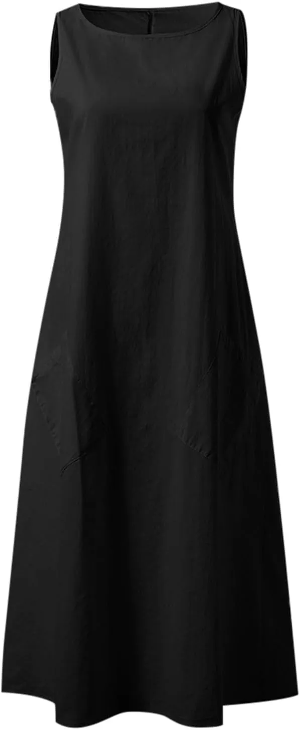 Rvidbe Women Summer Casual Cotton Linen Sleeveless Maxi Dress Crew Neck Vacation Beach Flowy Long Tank Sundress with Pockets