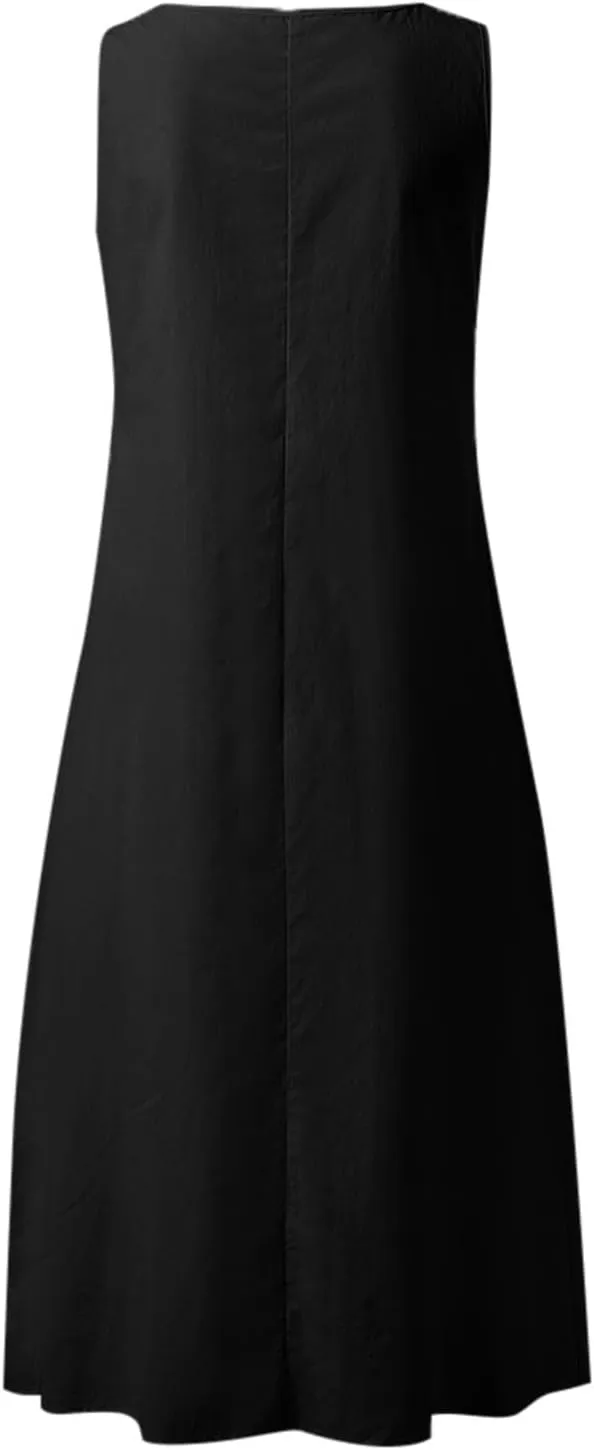 Rvidbe Women Summer Casual Cotton Linen Sleeveless Maxi Dress Crew Neck Vacation Beach Flowy Long Tank Sundress with Pockets