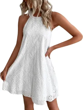 Sexy Dresses for Women,2025 Summer Round Neck Tank Dress Casual Jacquard Hem Sundress Smock Mini Short Dresses
