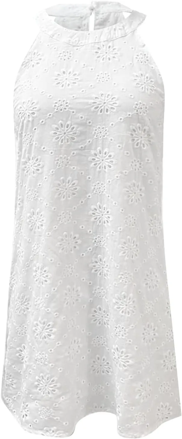 Sexy Dresses for Women,2025 Summer Round Neck Tank Dress Casual Jacquard Hem Sundress Smock Mini Short Dresses