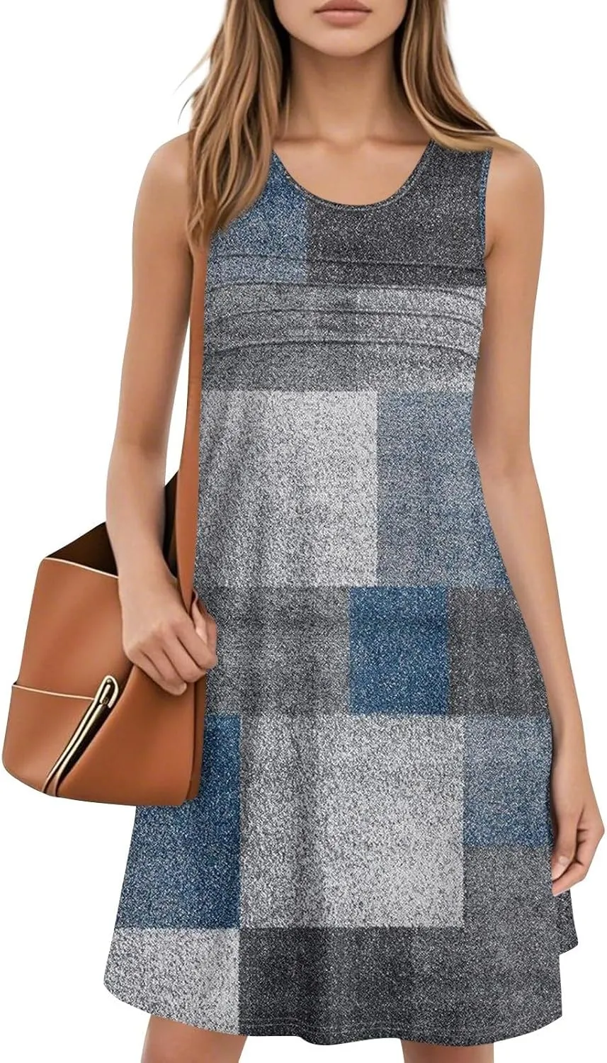 Summer Dresses for Women 2025 Beach Vacation Spring Clothes Sleeveless Crewneck Folds Casual Mini Dress