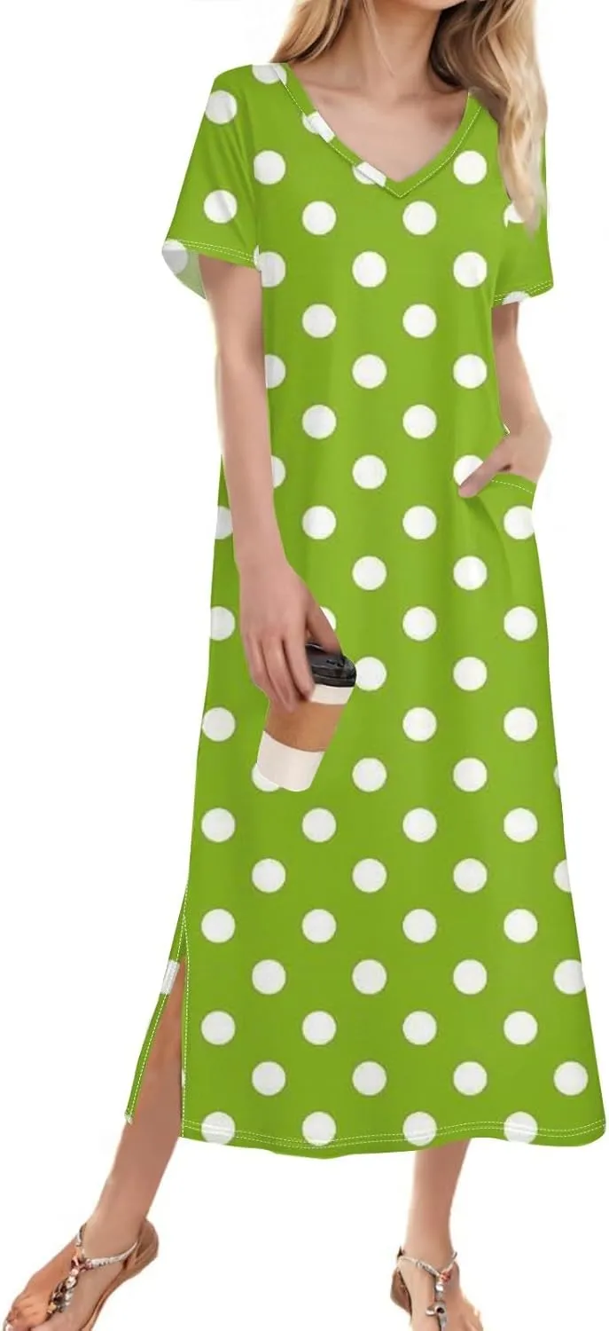 Summer Dresses for Women Casual Split Long Dress Loose T Shirt Dress Floral Print Short Sleeve Beach Dress with Pockets