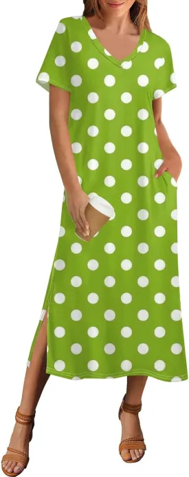 Summer Dresses for Women Casual Split Long Dress Loose T Shirt Dress Floral Print Short Sleeve Beach Dress with Pockets