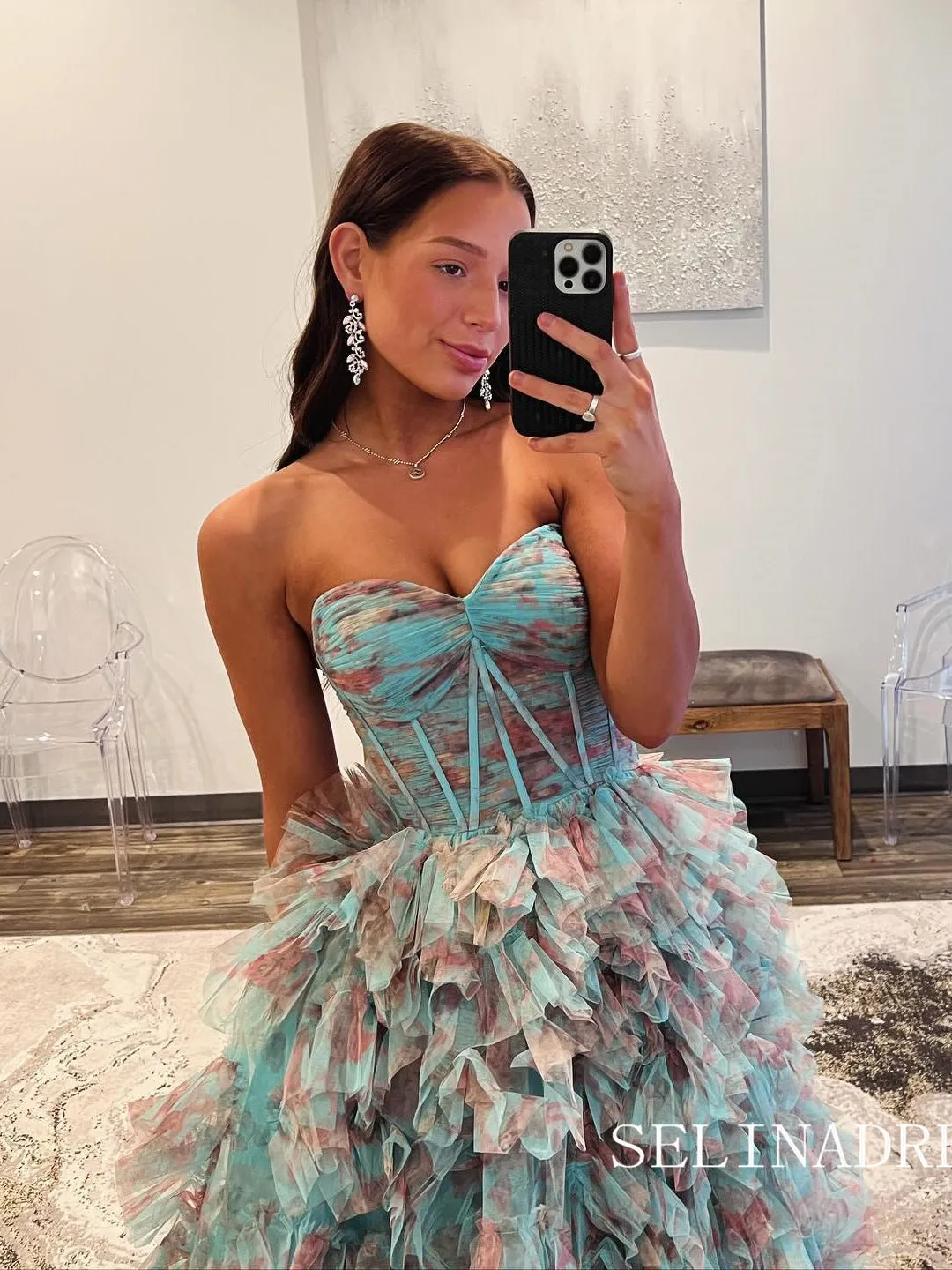 Sweetheart Blue Floral Ball Gown Evening Dress Long Prom Dress sew0612