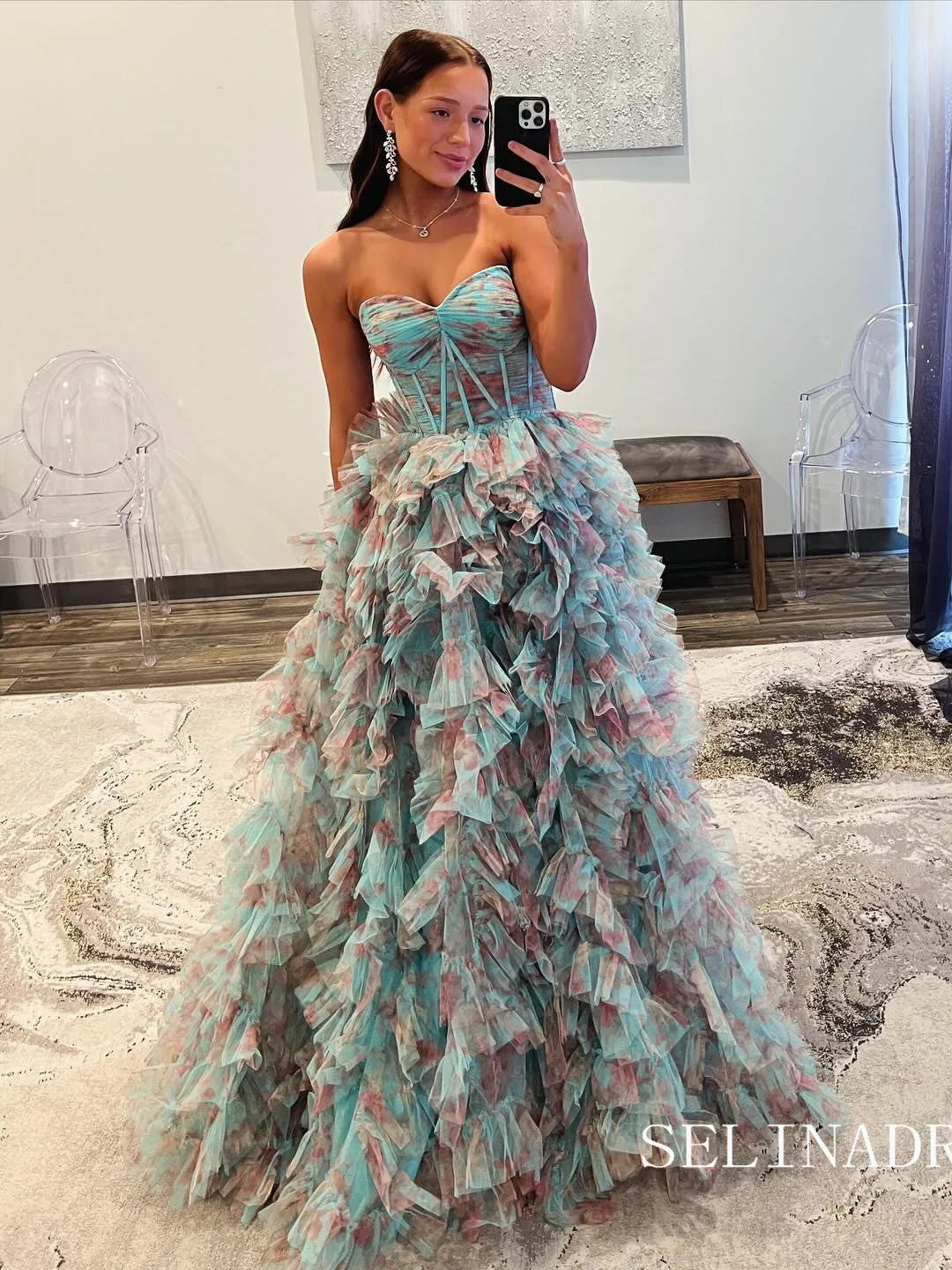 Sweetheart Blue Floral Ball Gown Evening Dress Long Prom Dress sew0612