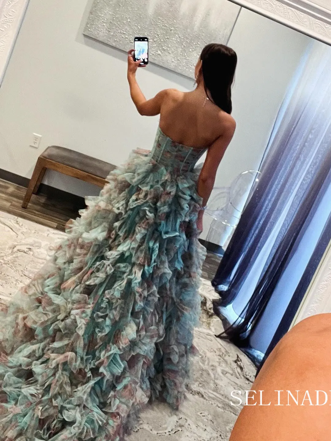 Sweetheart Blue Floral Ball Gown Evening Dress Long Prom Dress sew0612