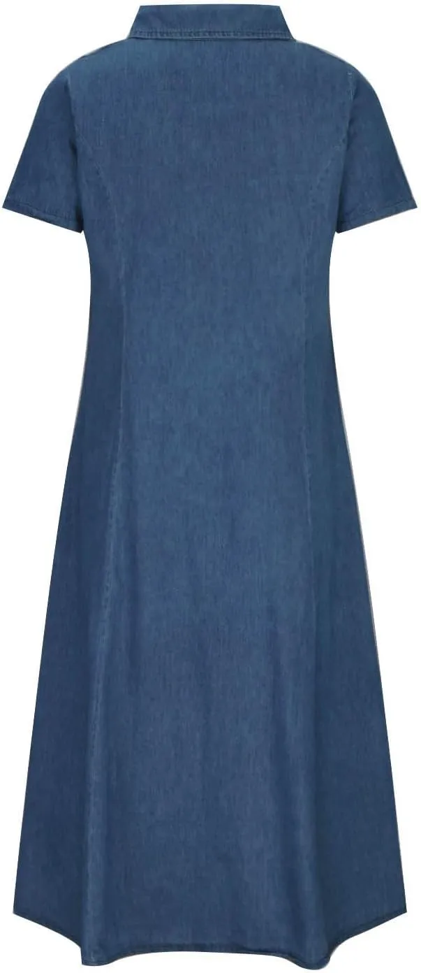 Women Denim Shirt Dresses Short Sleeve Distressed Jean Dress Button Down Casual Overall Summer Tunic Top Midi Dress