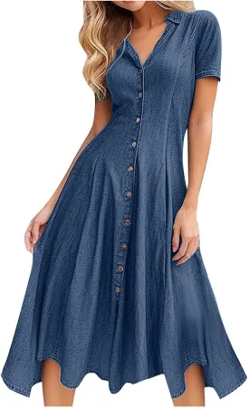 Women Denim Shirt Dresses Short Sleeve Distressed Jean Dress Button Down Casual Overall Summer Tunic Top Midi Dress