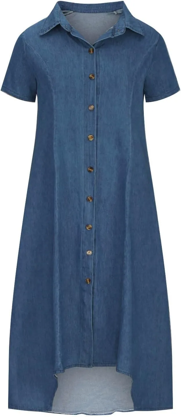 Women Denim Shirt Dresses Short Sleeve Distressed Jean Dress Button Down Casual Overall Summer Tunic Top Midi Dress