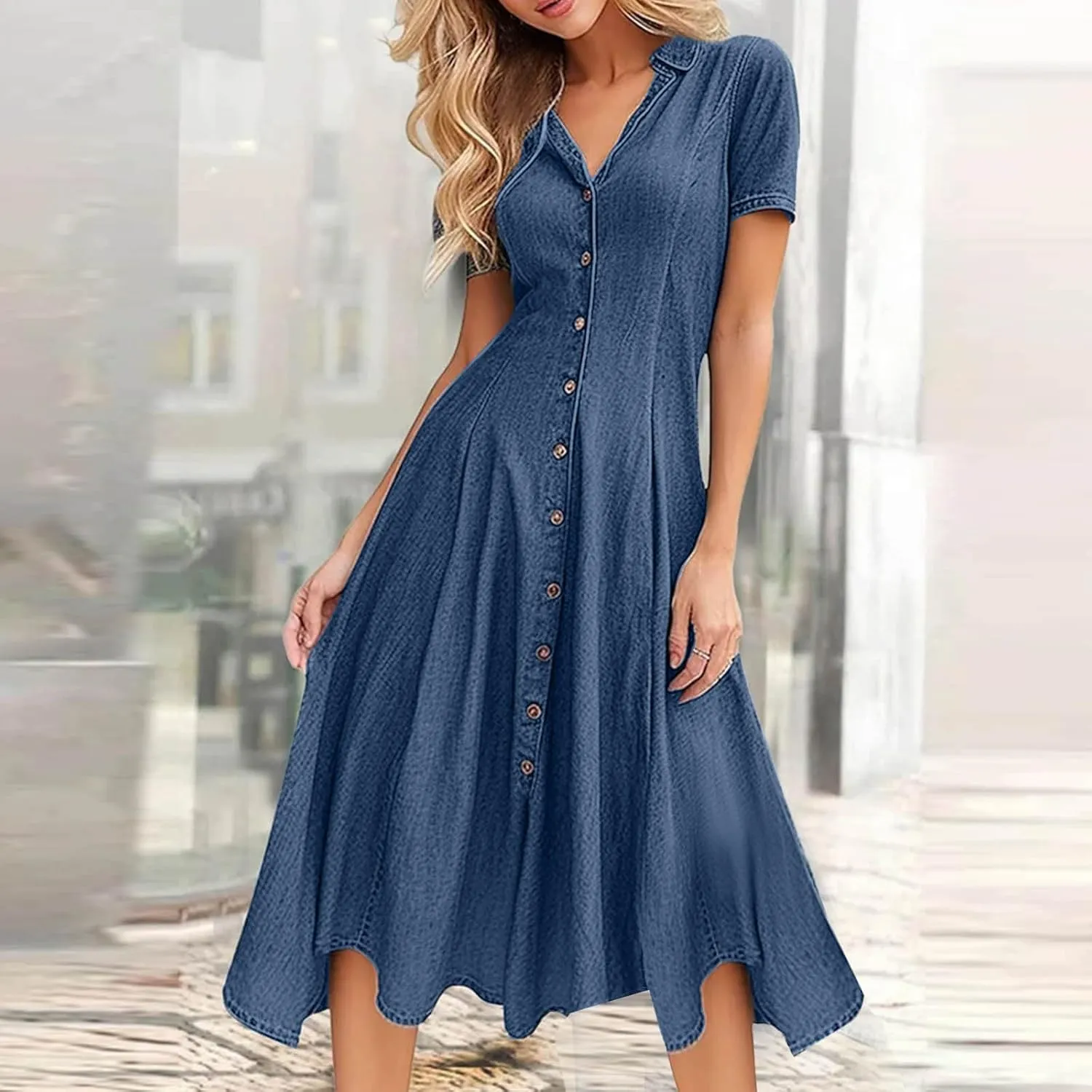 Women Denim Shirt Dresses Short Sleeve Distressed Jean Dress Button Down Casual Overall Summer Tunic Top Midi Dress